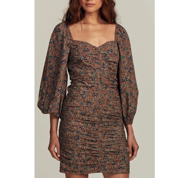 Veronica Beard Ruched Floral Mini Nadi Dress SIZE 2 Cotton Cinnamon Multi NWT - Picture 3 of 10